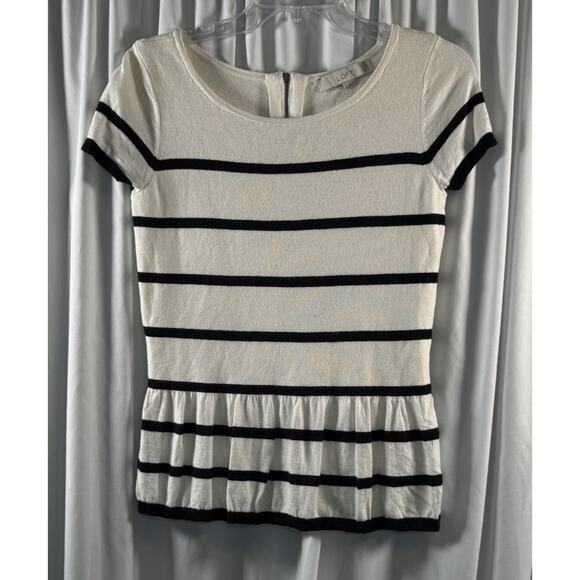 Ann Taylor LOFT Striped Short Sleeves Peplum Top Ivory Black S preppy chic 79-05 - Picture 9 of 14